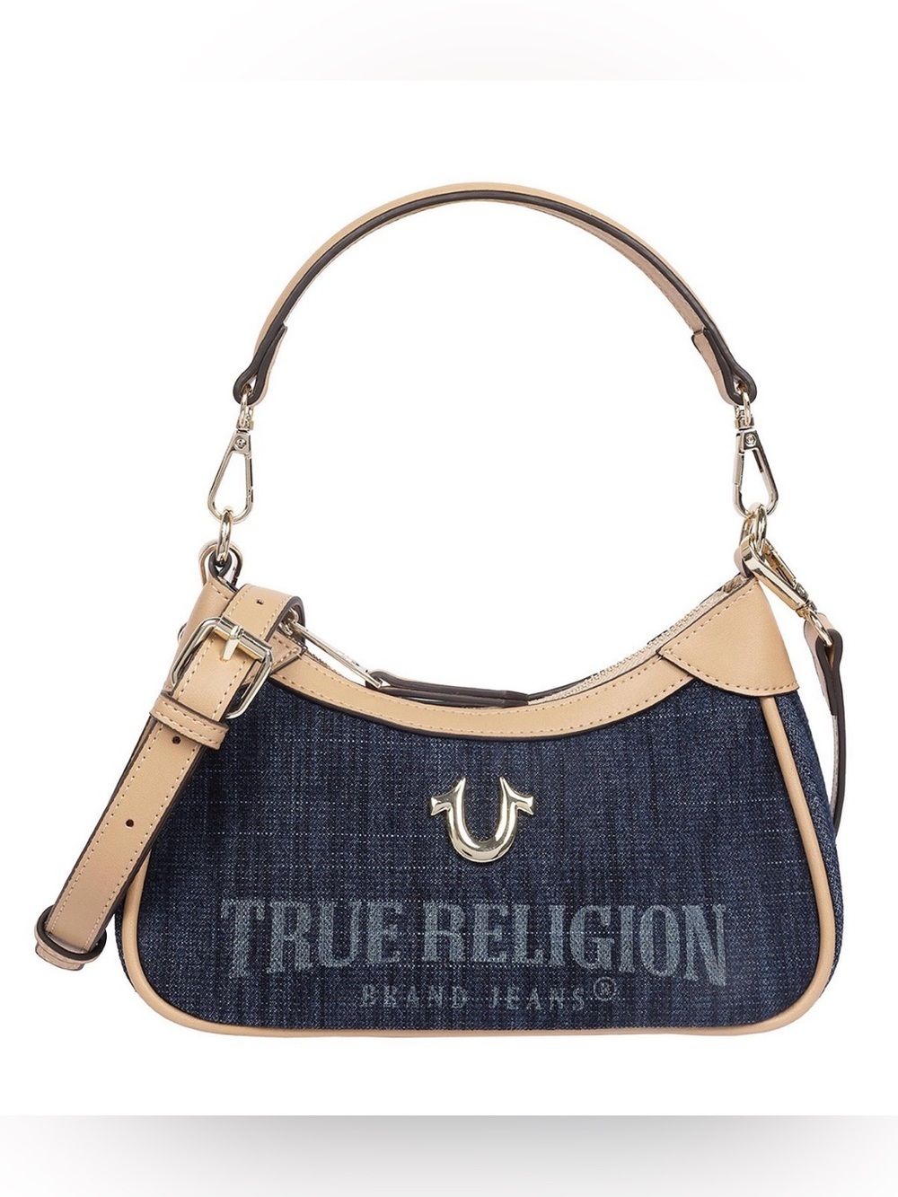 NWT True Religion Dark Denim Shoulder Bag with Tan Trim